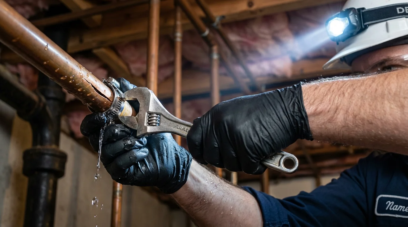 Emergency pipe clamp repair being performed by a Johns Plumbing LLC plumber in Pine Grove
