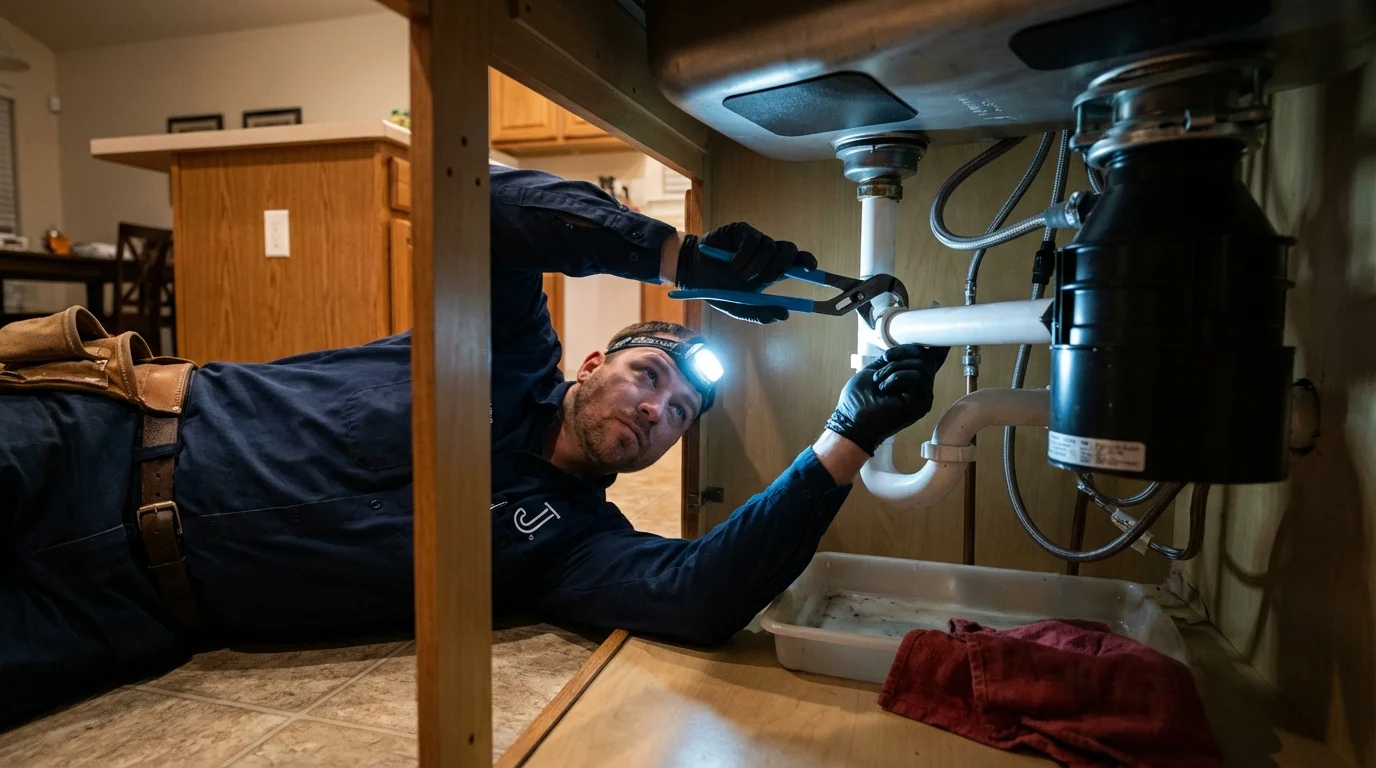 P-trap and supply line connections under a kitchen sink showing a common leak point in Pine Grove, PA